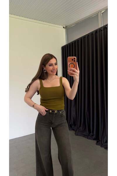 elif teke Square Neck Strap Tank Top Fat Green