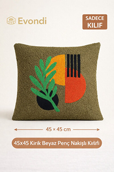 Penç Nakış İşlemeli Dekoratif Kırlent 45x45 cm – Yıkanabilir Dokulu Kumaş, Modern Tasarım