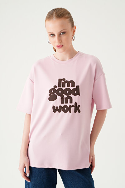 Rays Tricou cu broderie text roz 8106