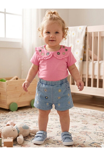 EYMİRGİYİM Daisy Embroidered Cotton Piece Combed Cotton Shorts Set for Baby G...
