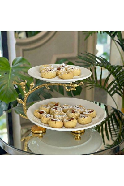 Elta Collection طبق تقديم من البورسلين مكون من طبقتين بتفاصيل طائر ذهبي، ووعا...