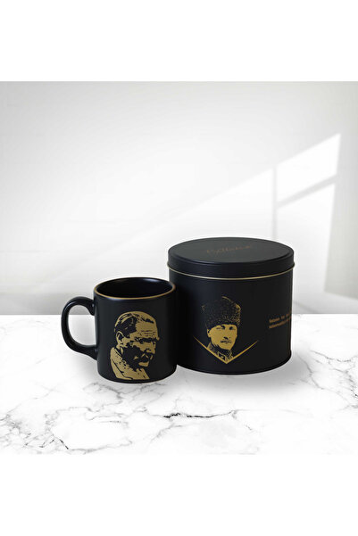 Keramika Ataturk Custom Printed Black Platinum Metal Box - 10cm Cylindrical Mug