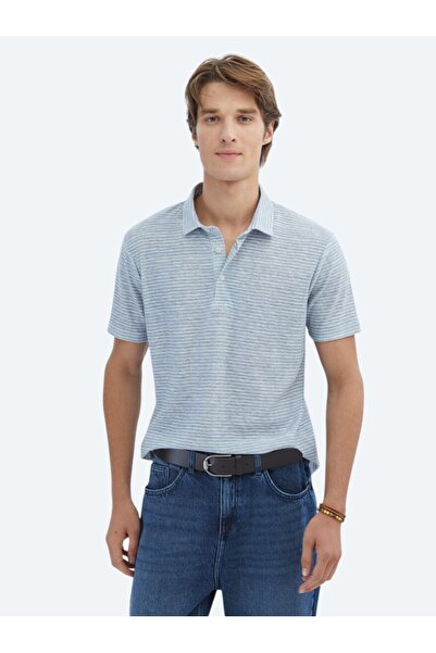 Kip تي شيرت قطن مخلوط بياقة بولو مطبوع باللون الأزرق