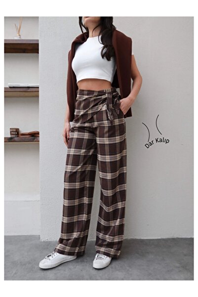 ESRAHELVACI Scarf Detail Straight Cut Plaid Trousers