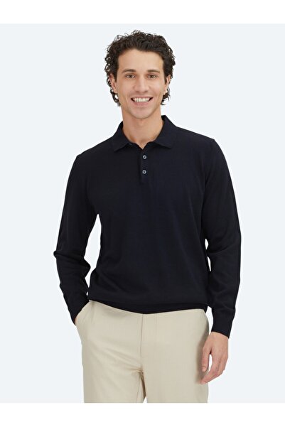 Kip Pulover tricotat uni cu gât polo bleumarin