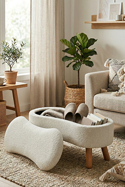 Zem Scala Sandıklı Bohem Ahşap Ayaklı Puf/bench, Kırık Beyaz