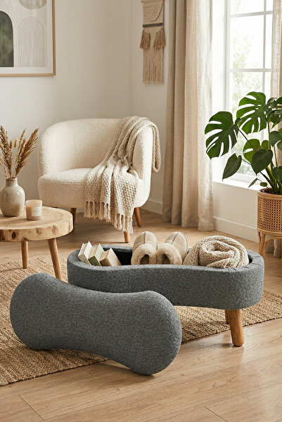 Zem Scala Sandıklı Bohem Ahşap Ayaklı Puf/Bench, Gri