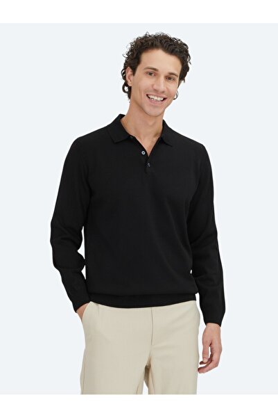 Kip سترة تريكو سوداء بياقة بولو سادة