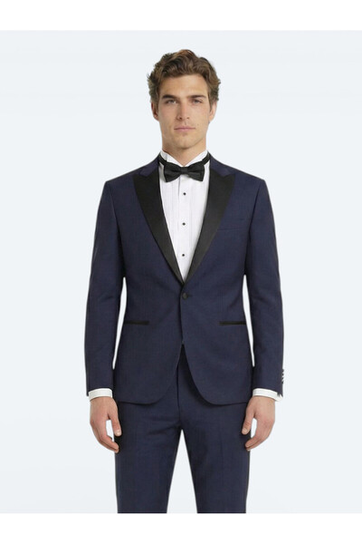 Kip Erkek Saks Mavi Pilesiz Dokuma Smokin Takım Elbise