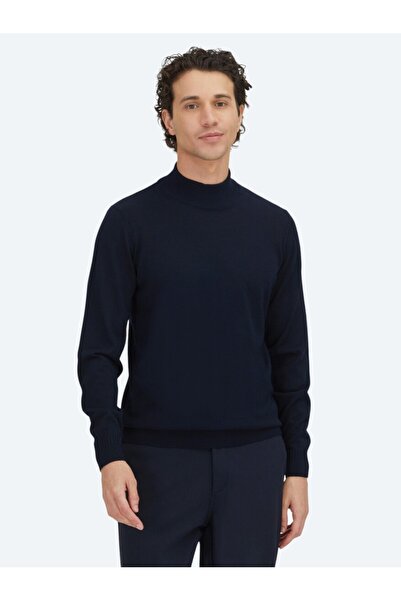 Kip Πλεκτό πουλόβερ με μισό ζιβάγκο Navy Blue Jacquard Wool Blended