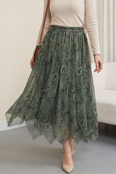 Modamorfo Elastična suknja od šifona sa šarom i podstavom - zelena