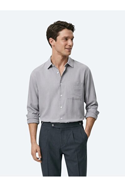 Kip Lila Düz Oversize Fit Dokuma Casual Gömlek