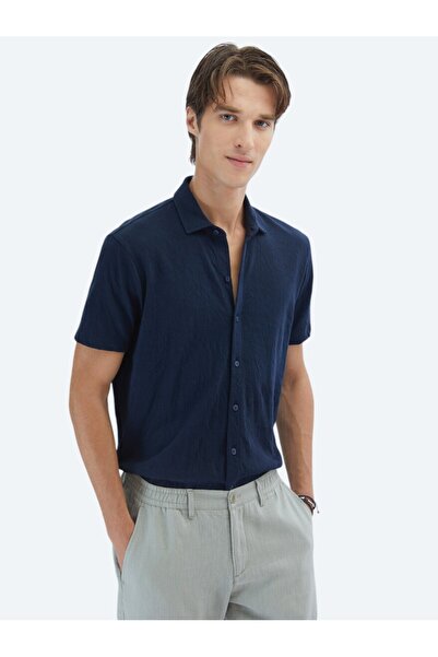 Kip Синя пряма сорочка з бавовняної суміші, регулярного крою, для повсякденно...