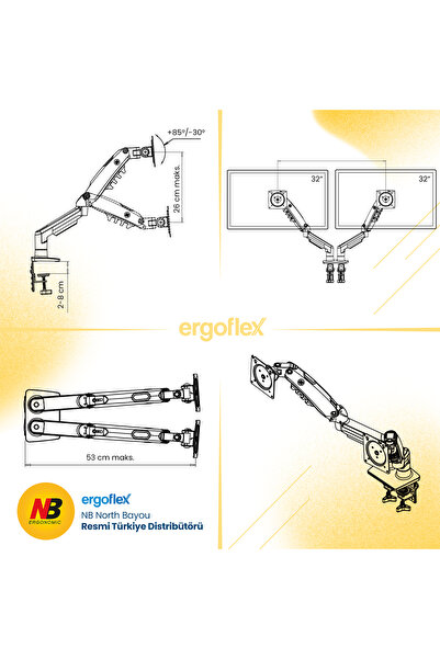Ergoflex North Bayou Nb F160 17-32'' Dual Arm Monitor Arm 2-9 kg Monitor Stand with Shock Absorber New Version