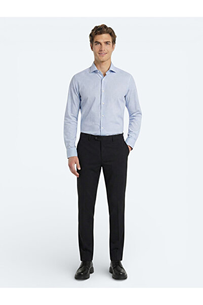 Kip Black Plain Weave Fitted Fit Classic Wool Blend Trousers