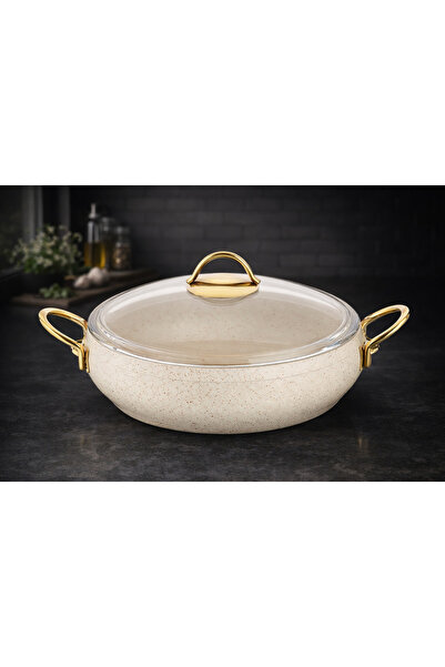 LAVONNI Caldora 24 cm Flat Granite Casserole Pot Cream Gold Handle Non-Stick ...