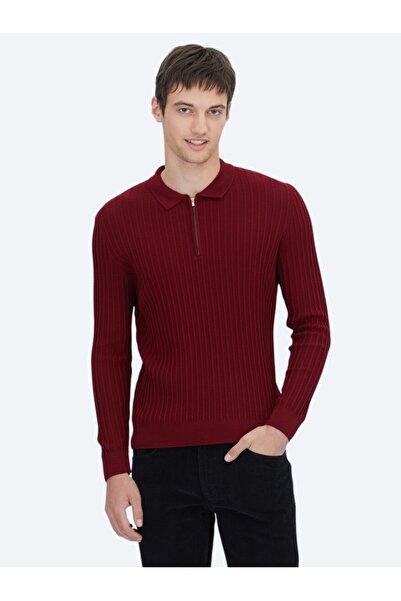 Kip Pulover tricotat din amestec de lână jacquard cu guler polo roșu