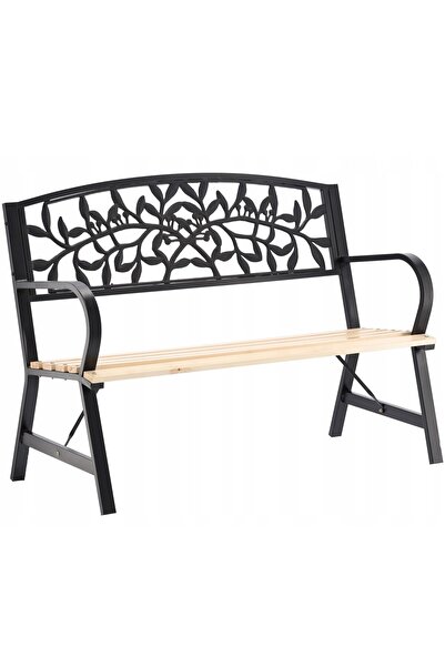 SERSIMO Wooden and steel garden bench with decorative leaf-pattern backrest, ...