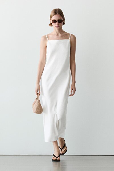 Massimo Dutti Düz yaka keten midi elbise