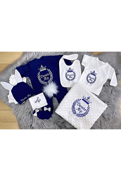 Jaju Baby Lacivert Nakışlı Ve Isim Işlemeli Ponponlu Bebek Yeni Doğan Set