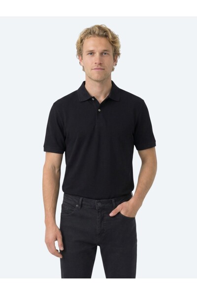 Kip Тъмносиня поло блуза с висока яка от памучна смес