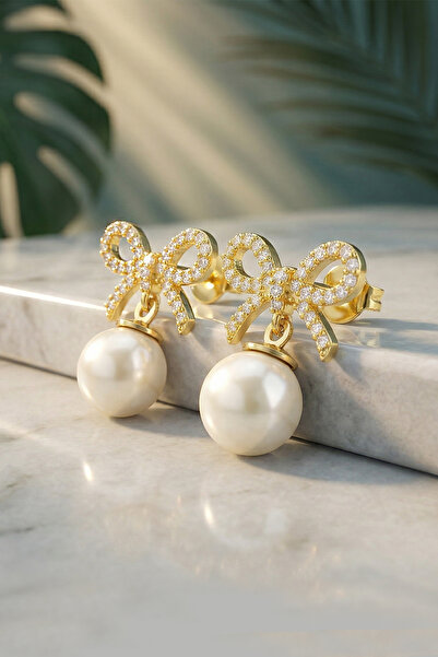 VAOOV 925 Ayar Gümüş Kurdeleli Gold İnci Küpe