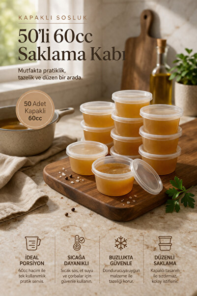 DİVAYS 50'li 60cc Kapaklı Sosluk Saklama Kabı Sıcağa Dayanıklı Et Suyu Buzluk...