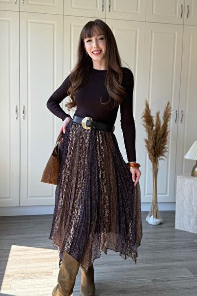 Dilay Gökoğlu Butik Karışık Desenli Beli Lastikli Asimetrik Midi Etek