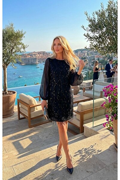 Bersi Butik Black Sequin Plus Size Evening Dress