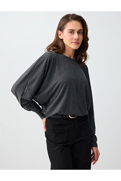 Jimmy Key Antrasit Melanj Rahat Kesim Yarasa Kol Sıfır Yaka Örme Bluz