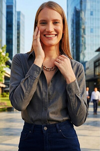 Tudors قميص أساسي أنثراسايت للنساء قصة ضيقة بقصة ضيقة وأكمام طويلة قطن قطع مل...