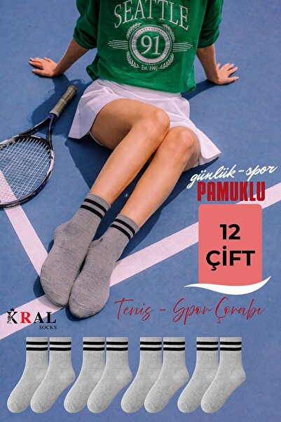 KRAL SOCKS 12 Çift Unisex Pamuklu Çizgili Kolej Tenis Spor Çorap