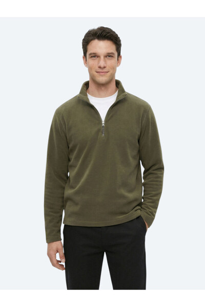 Kip Hanorac din lână simplă kaki guler ridicat