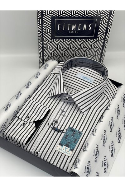 Fitmens Classic Long Sleeve Thick Striped Gift Boxed Men's Shirt Fs-001260 - White Black