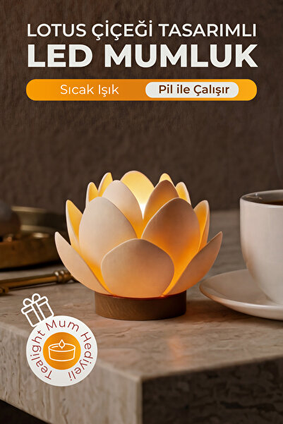 Decoroom Lotus Çiçeği Tasarımlı Dekoratif Led Mumluk - Pilli Tealight Mum Dahil