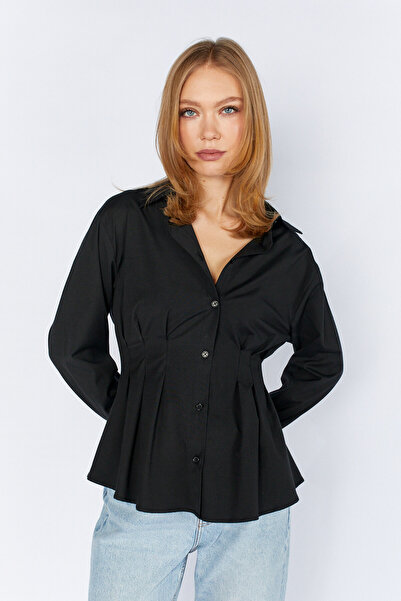 Manche قميص بوبلين أسود مطوي بخصر ضيق |   MKS1610919-1