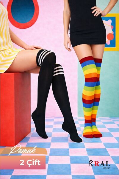 KRAL SOCKS Kadın Dizüstü Çorap (2 Çift) Günlük Düz Çizgili Pamuklu Diz Üstü S...