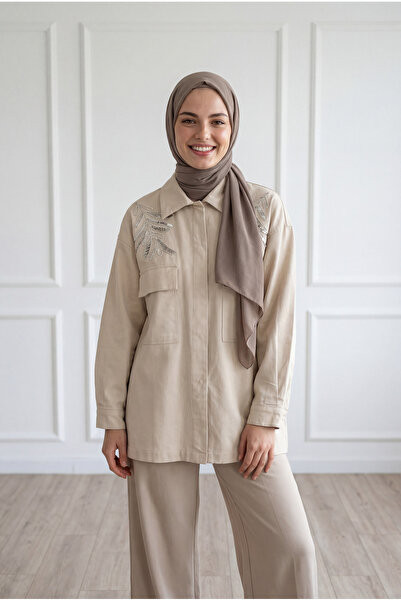 MİHRA STORE Jachetă Efil cu buzunare duble brodate pe umăr-EU3248 Stone