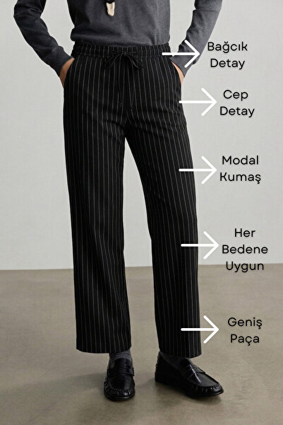 Talvien Black Striped Woven Plus Size Crepe Fabric Trousers