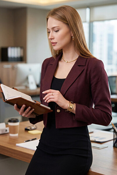 armonika Kadın Bordo Tek Düğmeli Crop Ceket ARM-23Y001064