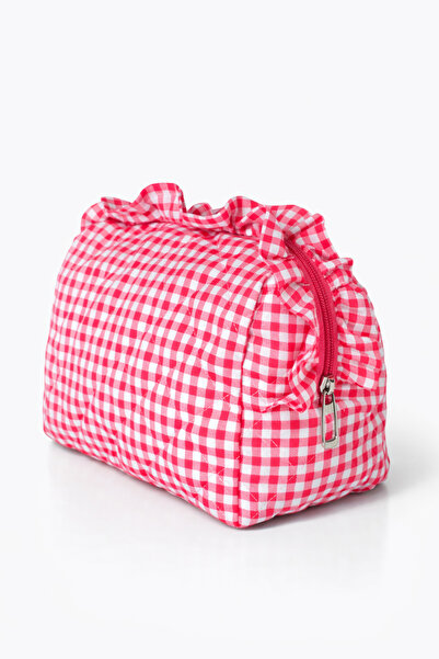 Ecrou Gingham Ruffled Fuchsia Makeup Bag
