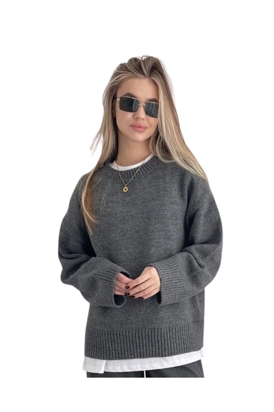 MODASPARK سترة تريكو نسائية كبيرة الحجم برقبة دائرية من أنثراسايت