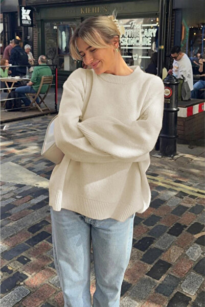 MODASPARK Pulover tricotat pentru femei, oversize, cu gât crew, ecru