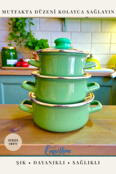 Emparlahome Emaye 3’lü Saklama Kabı Seti Kapaklı 12-14-16 cm Çok Amaçlı Mutfa...