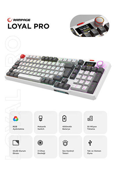 Rampage LOYAL Pro Beyaz/Gri 3 BT + 2.4 IPS Ekranlı Red Switch RGB Mekanik Kab...
