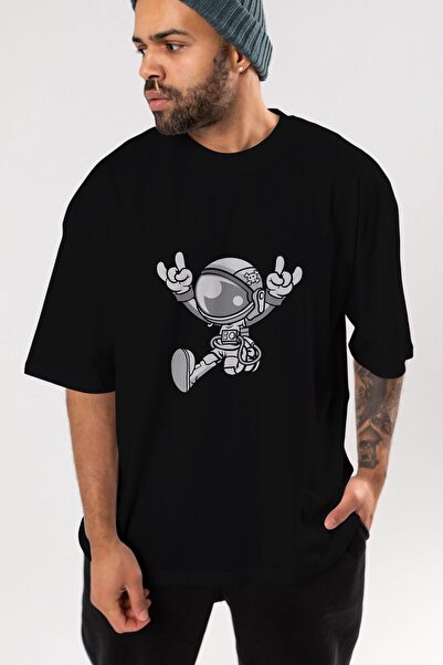 Ankhises Astronaut Metal Front Štampano Crna Oversize kroj T-shirt Unisex Muš...