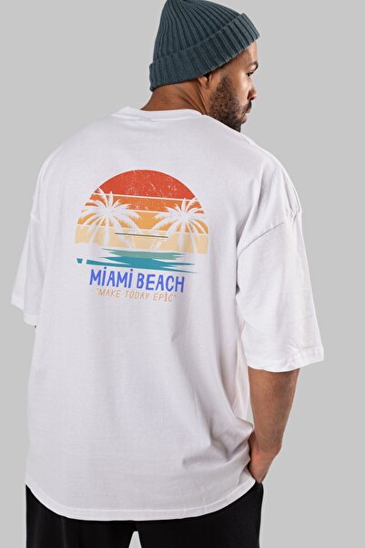 Ankhises Miami Beach Napisano nazad Štampano Belo Oversize kroj T-shirt Muška...