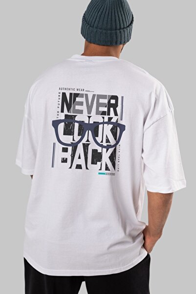 Ankhises Never Look Back Back Štampano Belo Oversize kroj T-shirt Unisex Mušk...