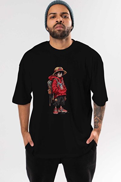 Ankhises Tricou oversize negru cu imprimeu frontal One Piece, cu gât rotund, ...