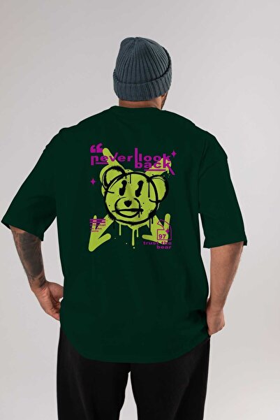 Ankhises Never Look Back Bear Back Štampano Emerald Green Oversize kroj T-shi...
